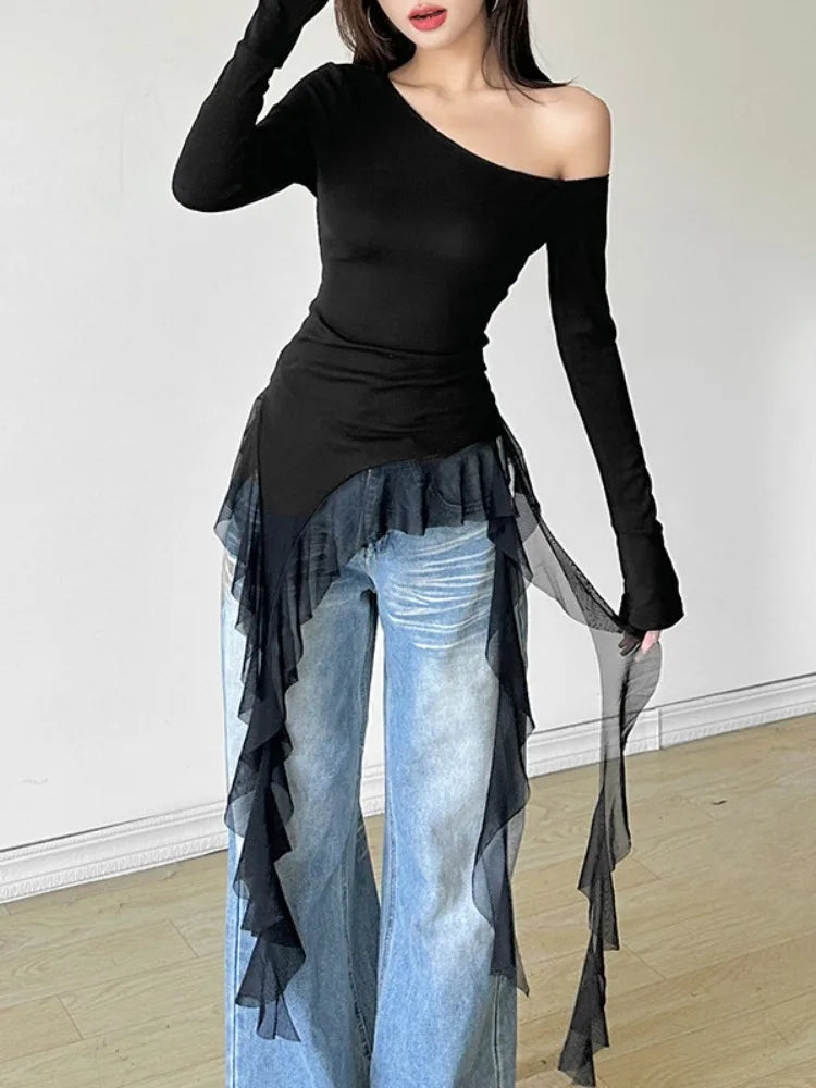 Irregular Patchwork Gauze Sheer Top