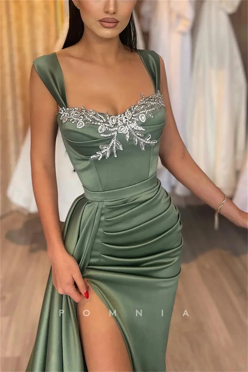 Pleated Mermaid Satin Prom Dress