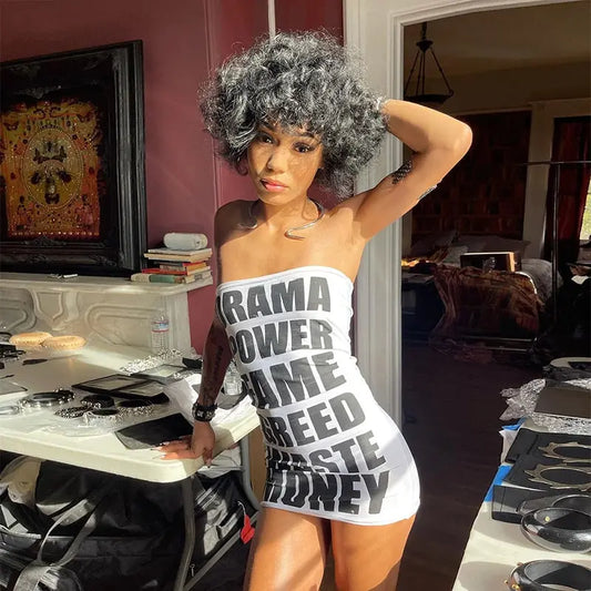 Letter Print Strapless Hip Club Mini Dress