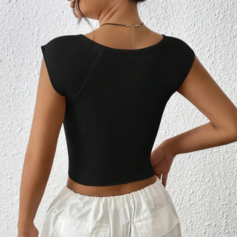Pleated Deep V-Slit Slim Fit Crop Top