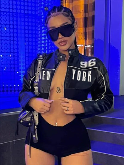 Letter PU Hipster Crop Jacket