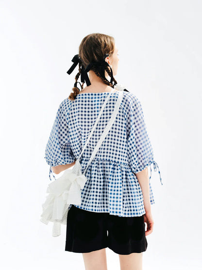 Plaid Lace-up Short Sleeve T-shirt Blouse