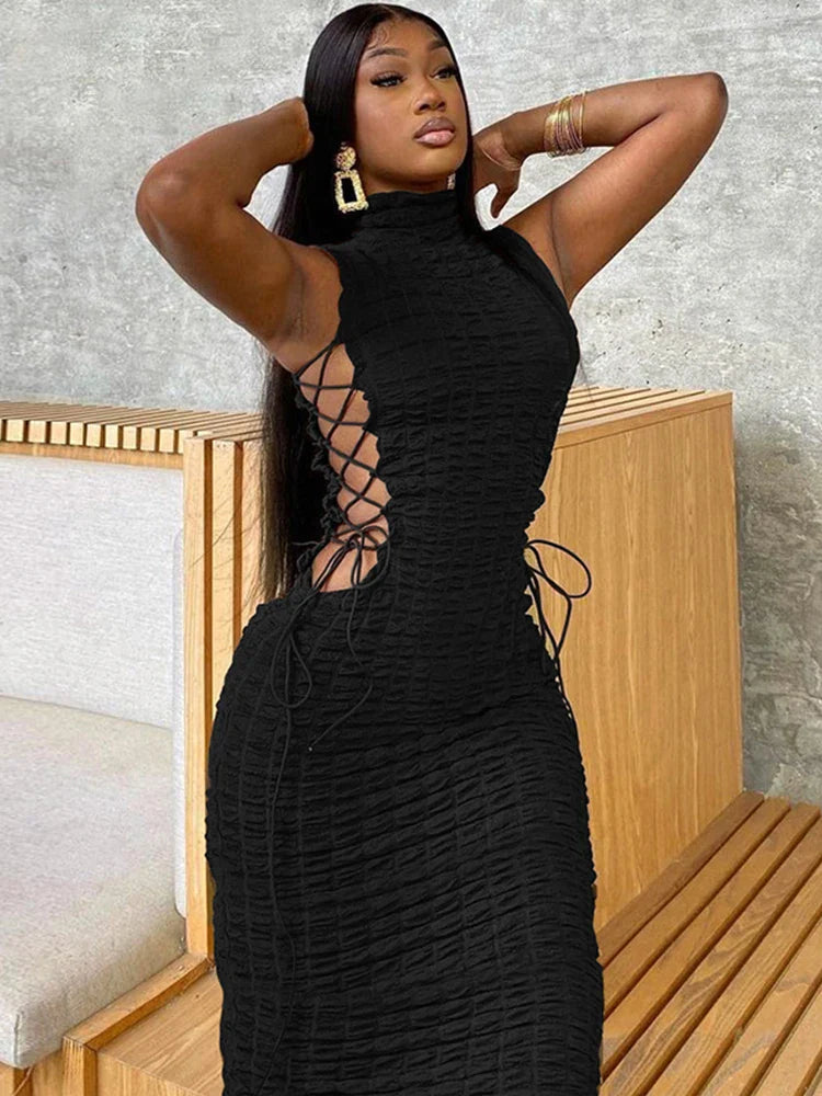 Lace Up Hollow Sleeveless Midi Dress