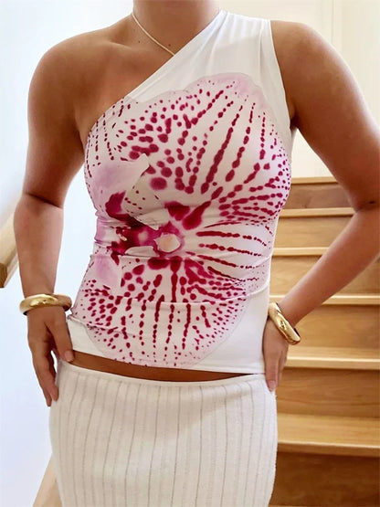 One Shoulder Vintage Floral Slash Neck Cami Top