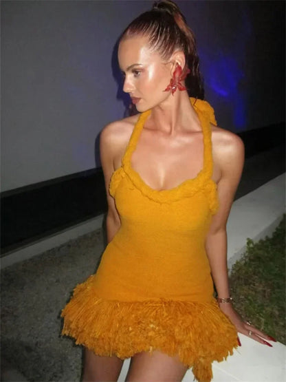 Fluff Patchwork Bandage Halter Mini Dress