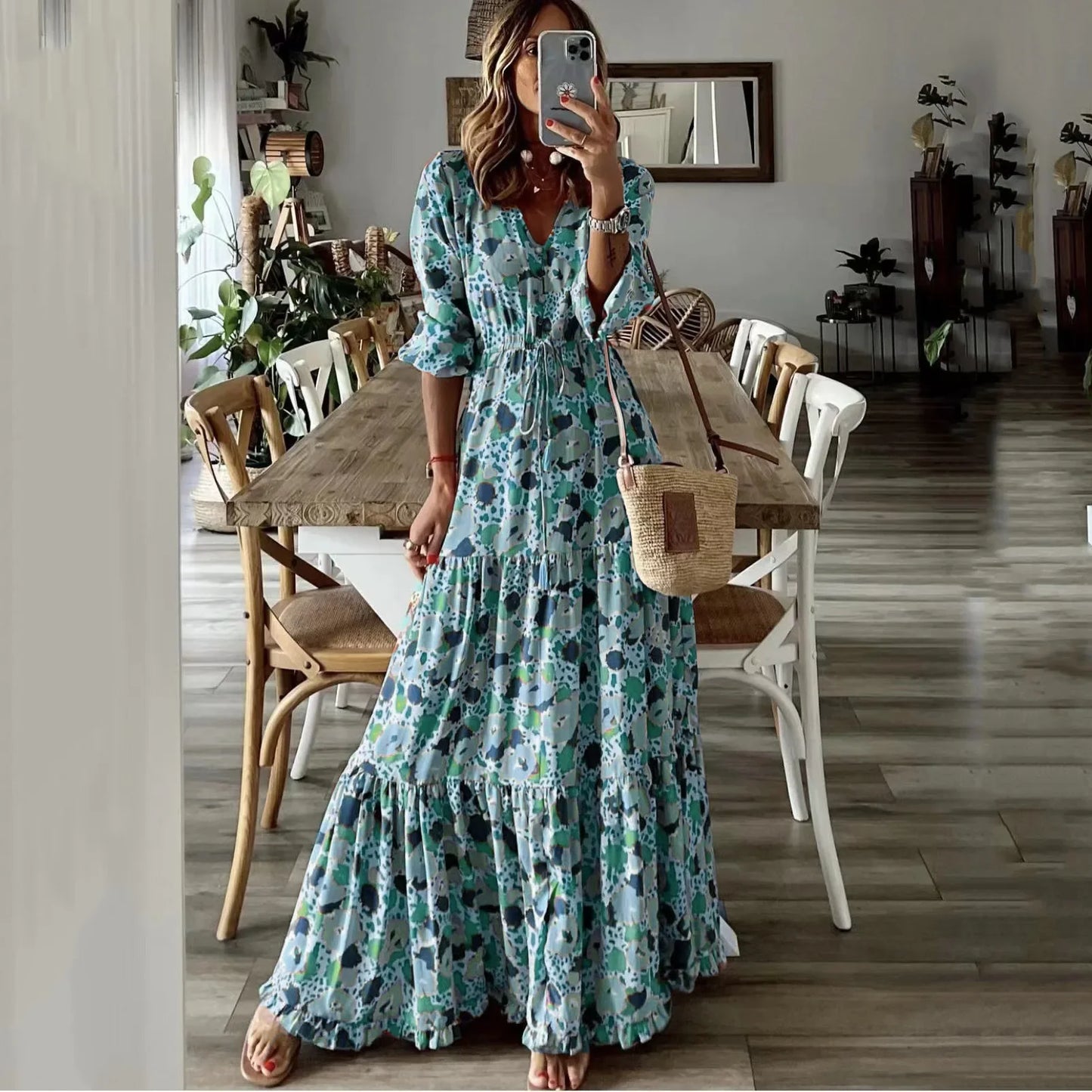 Printed Lace Up Swing Maxi Dress
