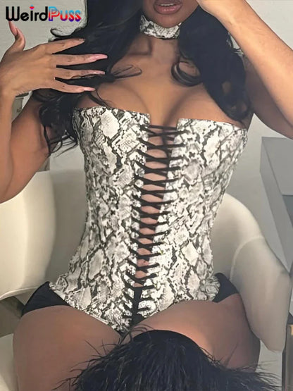 Interlaced Strap Boat Neck Contrast Snake Print Crop Top