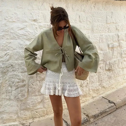 Lace Up Bow Cotton Linen Flare Sleeve Blouse