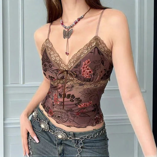 Y2K Grunge Floral Lace Trim V Neck Cami Top