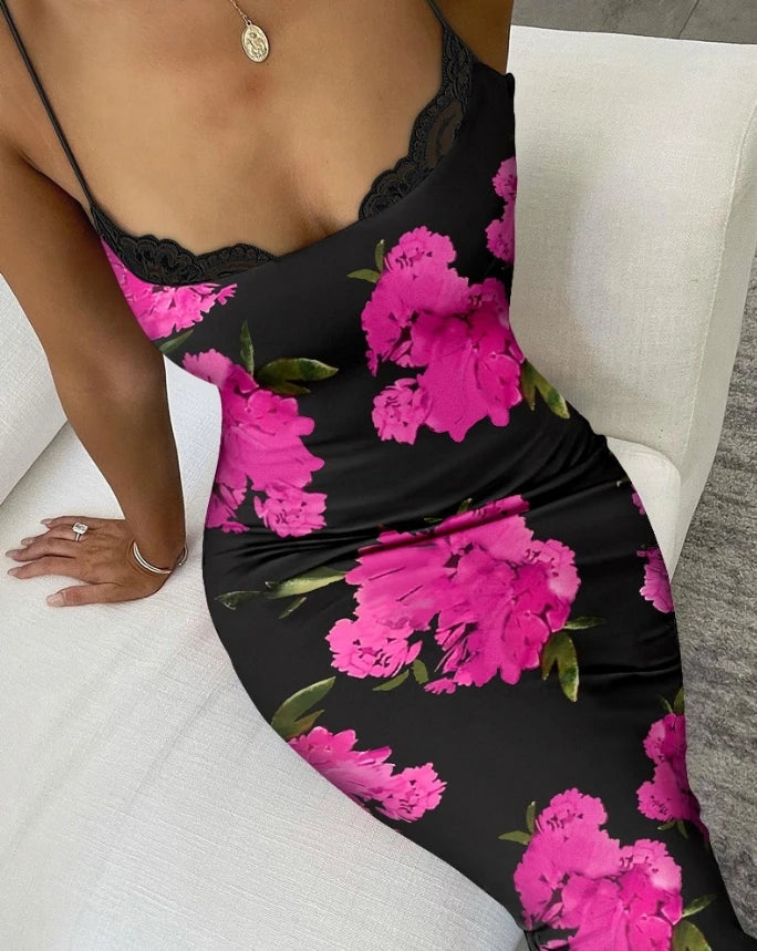 U-neck Lace Trim Bodycon Floral Dress