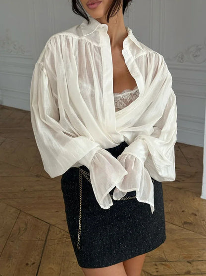 Loose See-Through Lapel Long Sleeve Blouse