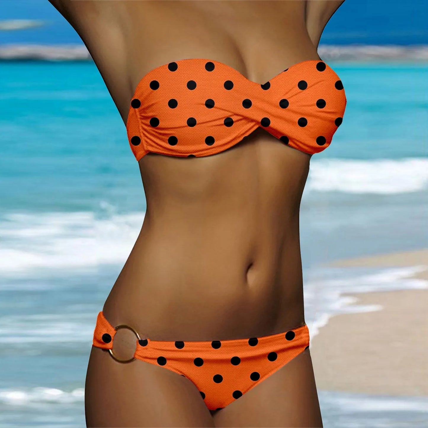 Ruched White Dot Print Two Piece Swim Sets