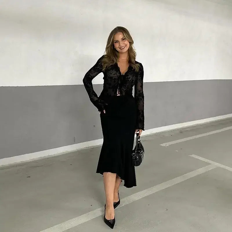 Chiffon Slim Fit Tweed Style Flare Sleeve Blouse