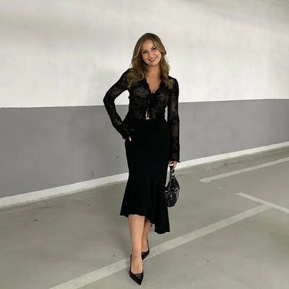 Chiffon Slim Fit Tweed Style Flare Sleeve Blouse