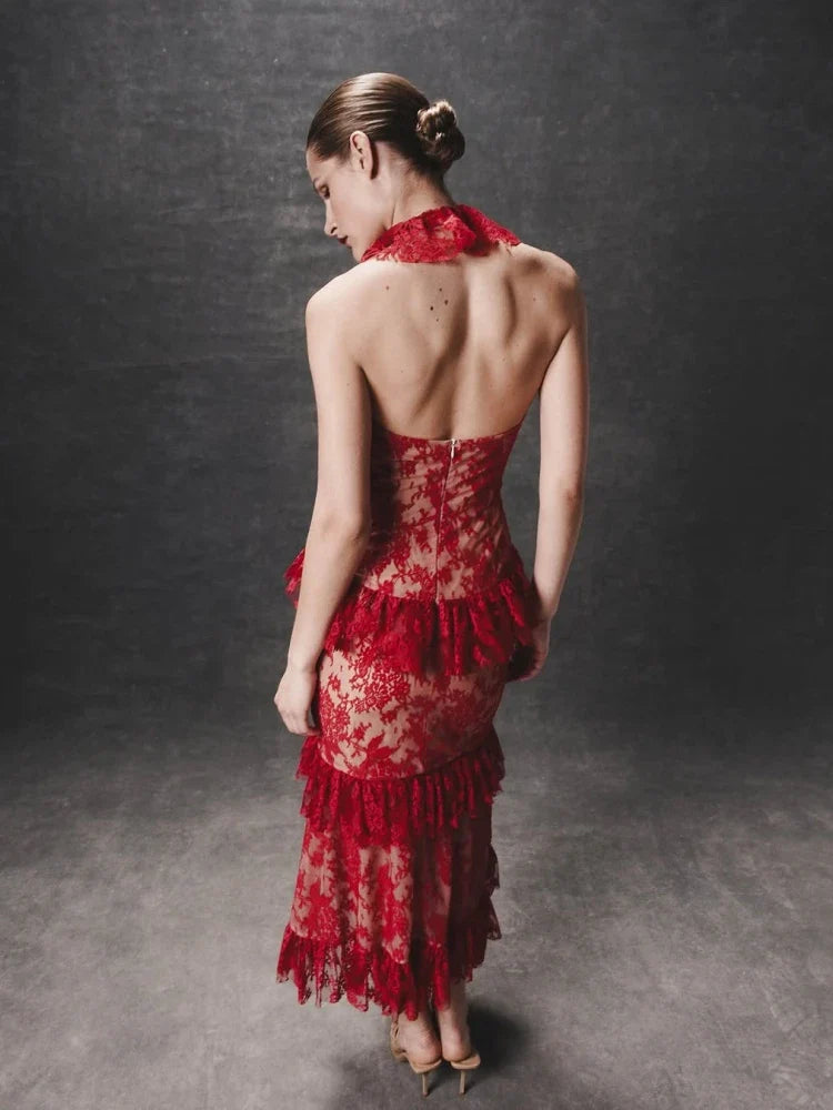 Halter Ruffles Floral Slim Midi Lace Dress