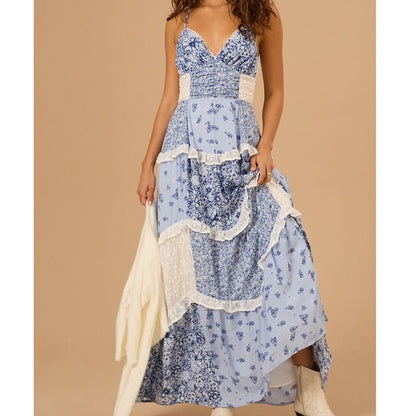 Boho Tie Shoulder Patchwork Floral Dress