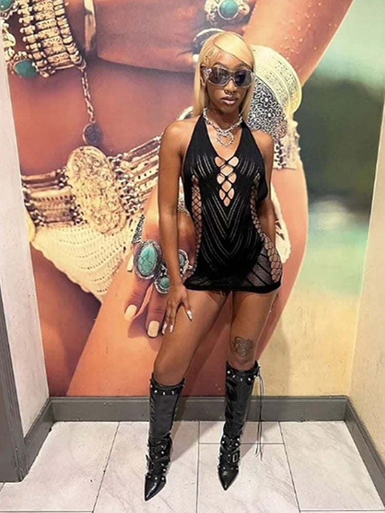 Transparent Lace Halter Backless Mini Dress