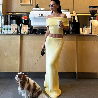 One Shoulder Slit Skirt Knit Set