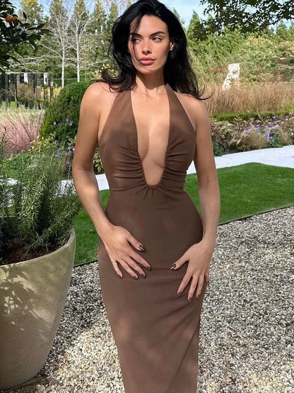 Ruched Deep V-neck Halter Midi Dress