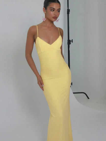 Yellow Spaghetti Strap Backless Bodycon Slip Dress