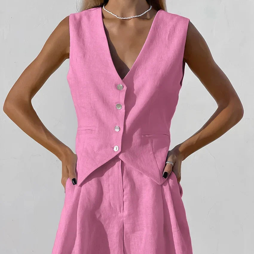 Linen Sleeveless Vest Short Suit