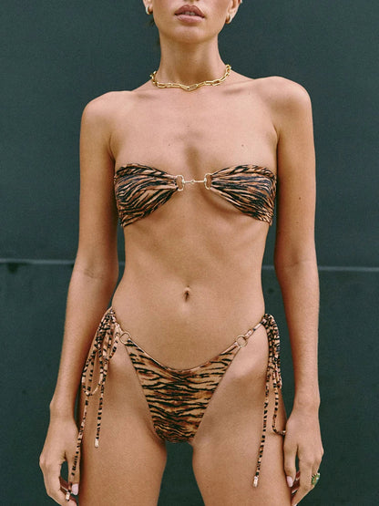 Solid Leopard Print Push Up Two Piece Swim Sets