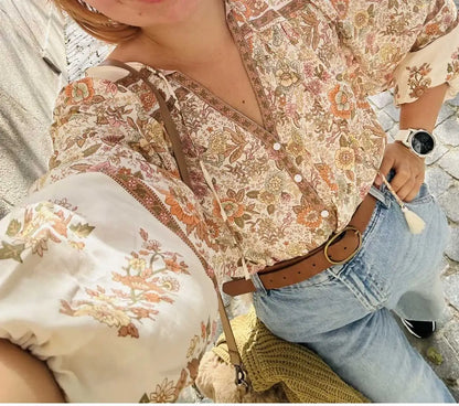Super Chic Boho Floral Print V-neck Tassel Blouse