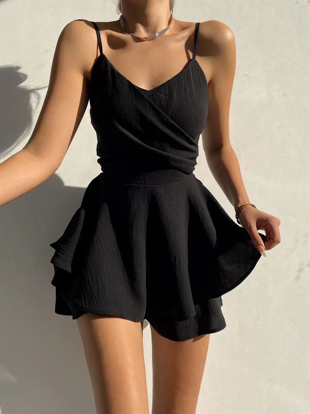 Slim Suspender Solid Ruffles Threaded Slip Dress