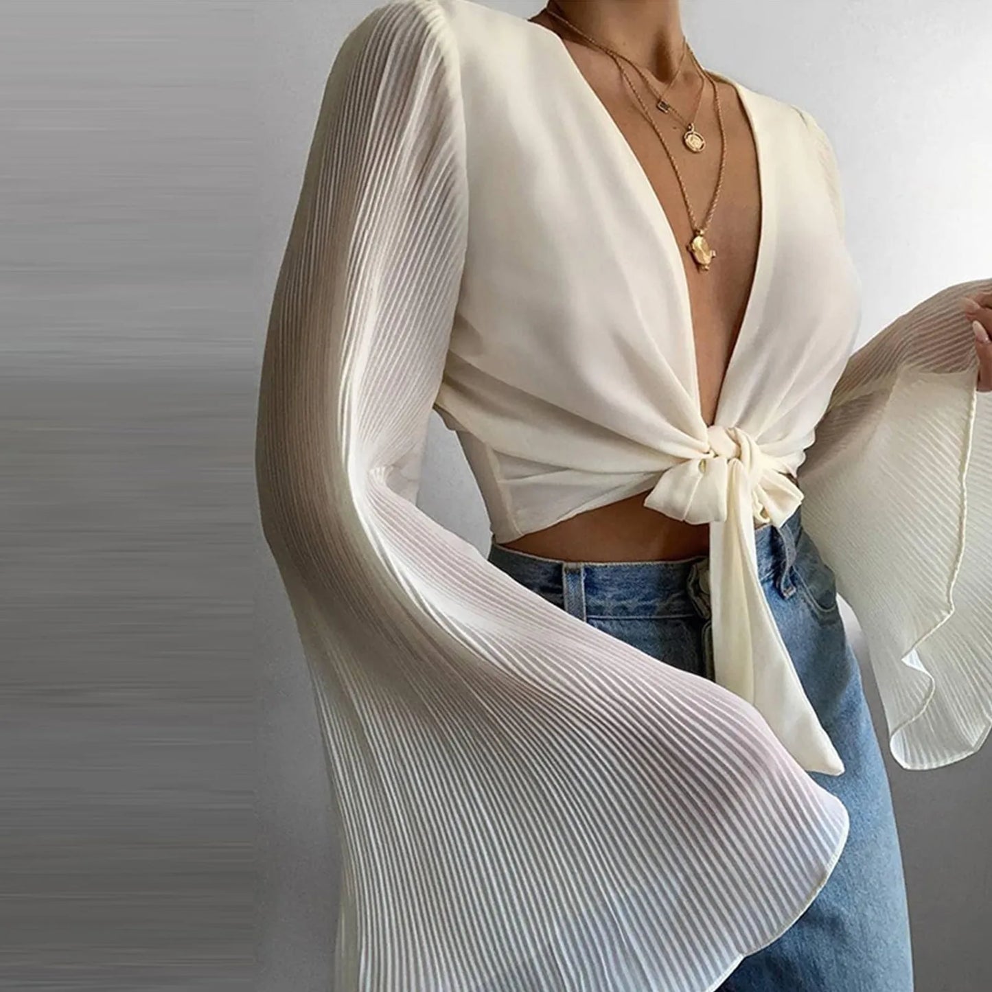 Plus Size Solid Bell Sleeve Pleated Chiffon Blouse