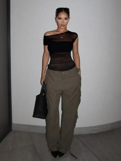 Patchwork Mesh Sheer Top