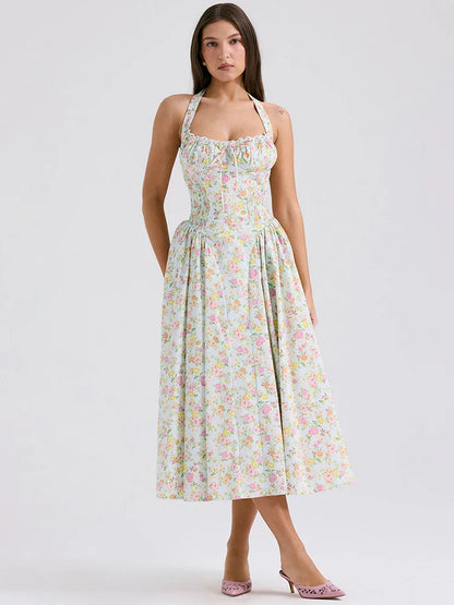 Print Wrap A-line Halter Midi Summer Dress