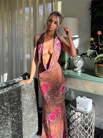 Vintage Halter Cleavage Backless Floral Dress