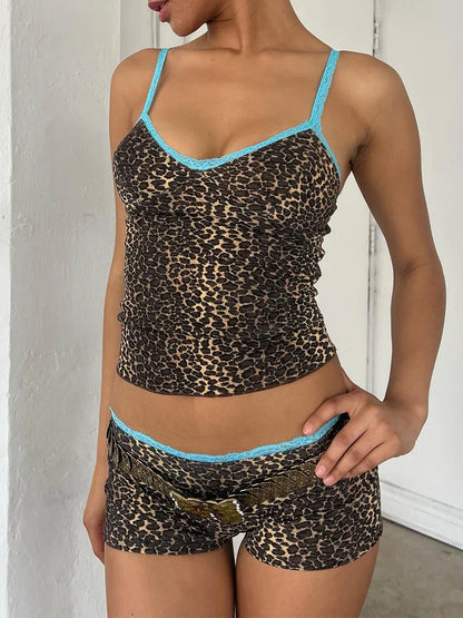 Leopard Print Lace Patchwork Camisole Two Piece Shorts Set
