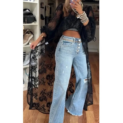 Lace Floral High Neck Puff Sleeve Blouse