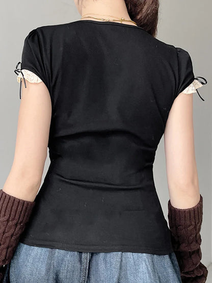 Contrast Lace Patchwork Y2K Black Crop Top