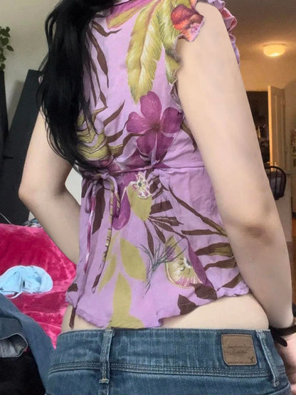 Butterfly Sleeve Slim Fit V-Neck Blouse Crop Top