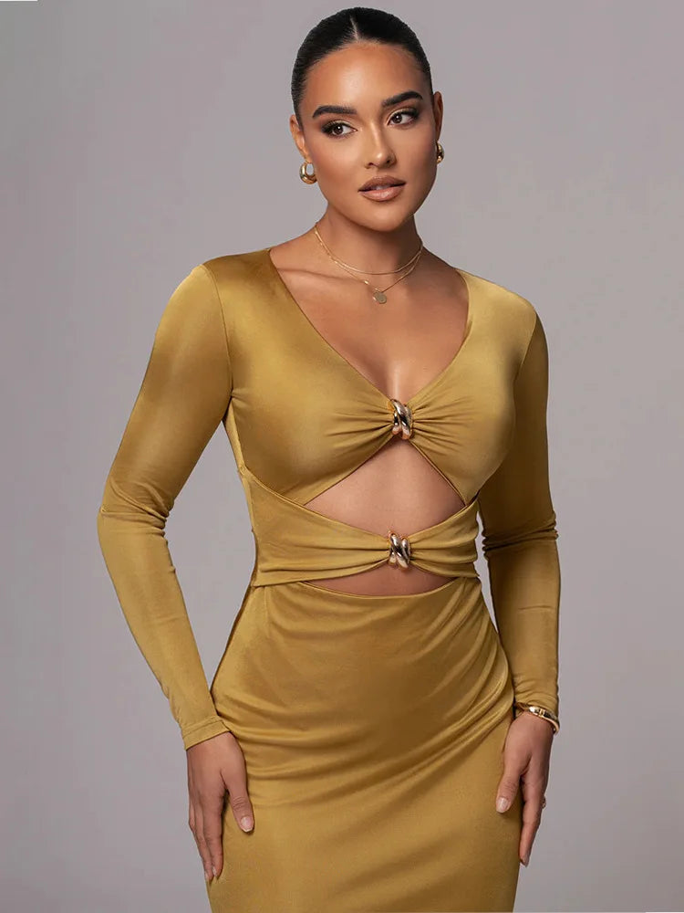 Hollow Long Sleeve Bodycon Midi Dress
