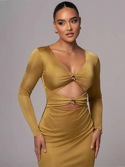 Hollow Long Sleeve Bodycon Midi Dress