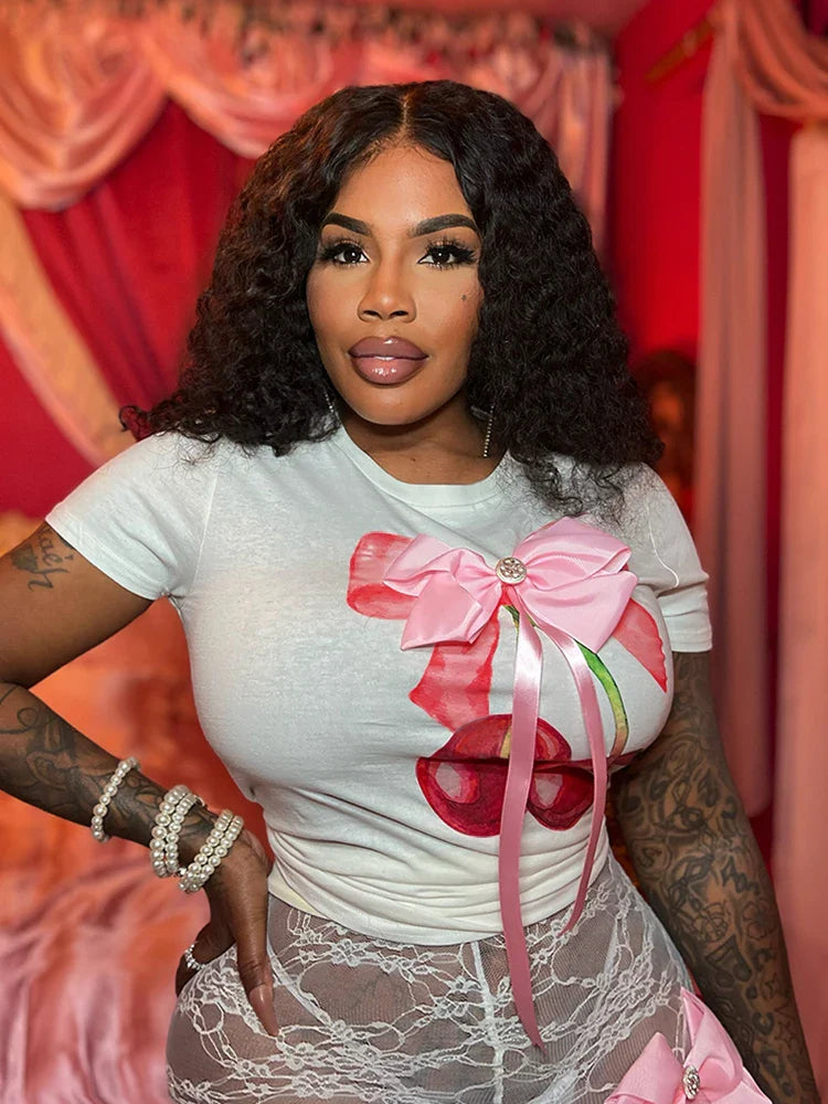 Bow Appliques Cherry Print Crop Top