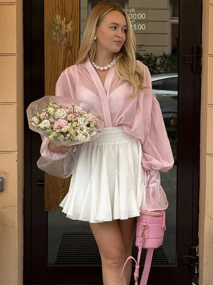 Loose See-Through Lapel Long Sleeve Blouse