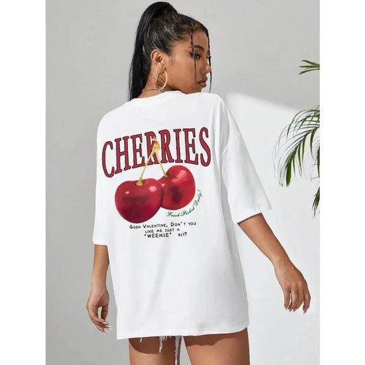Cherry Print Loose Cotton T-shirt