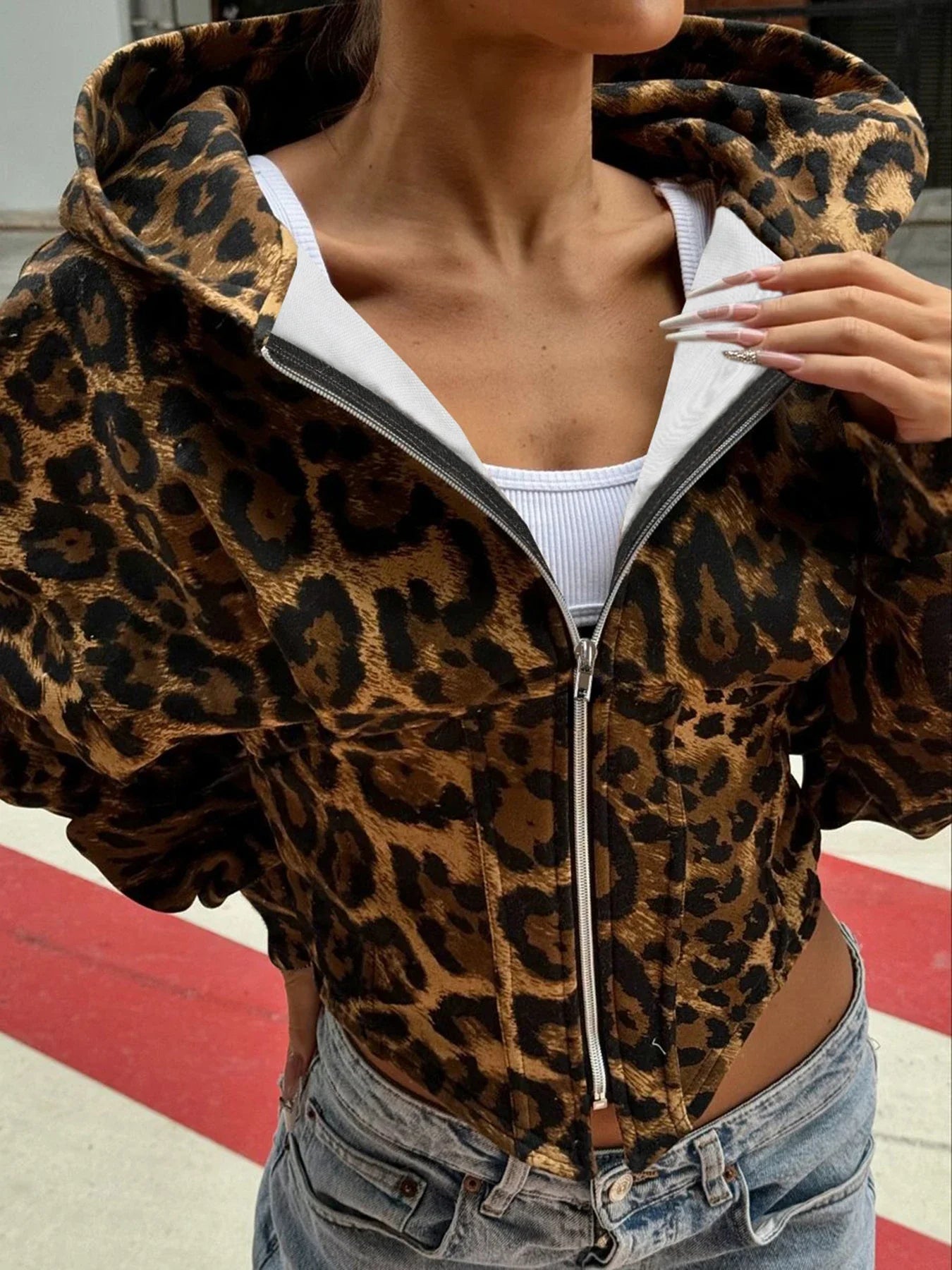 Leopard Binding Waist Hoodie