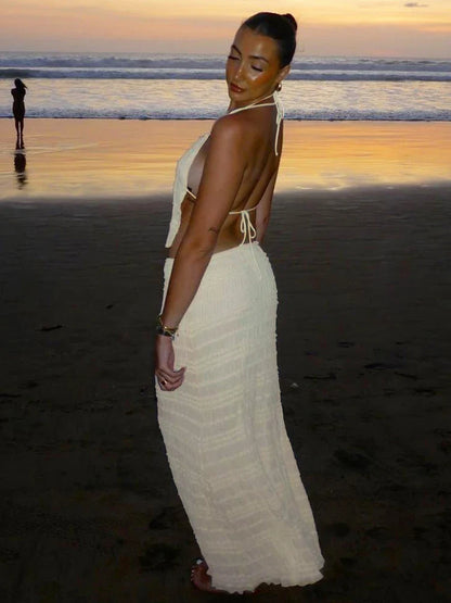 Mesh Sheer Lace-Up Backless Black Two Piece Skirt Set