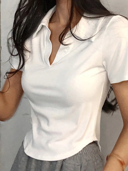 Solid V-Neck Lapel Retro Crop Top