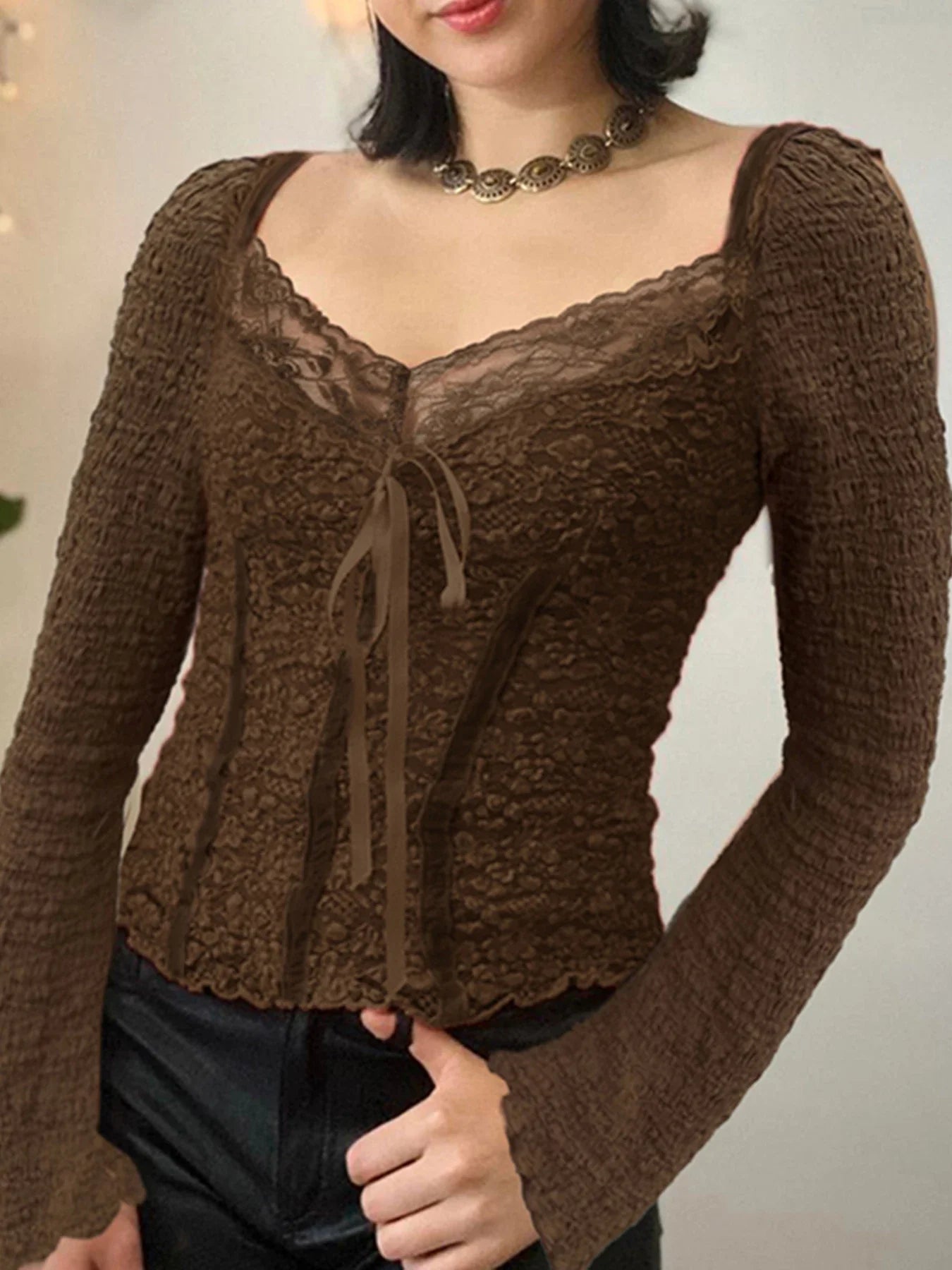 Lace Trim V-Neck Slim Brown Long Sleeve Crop Top