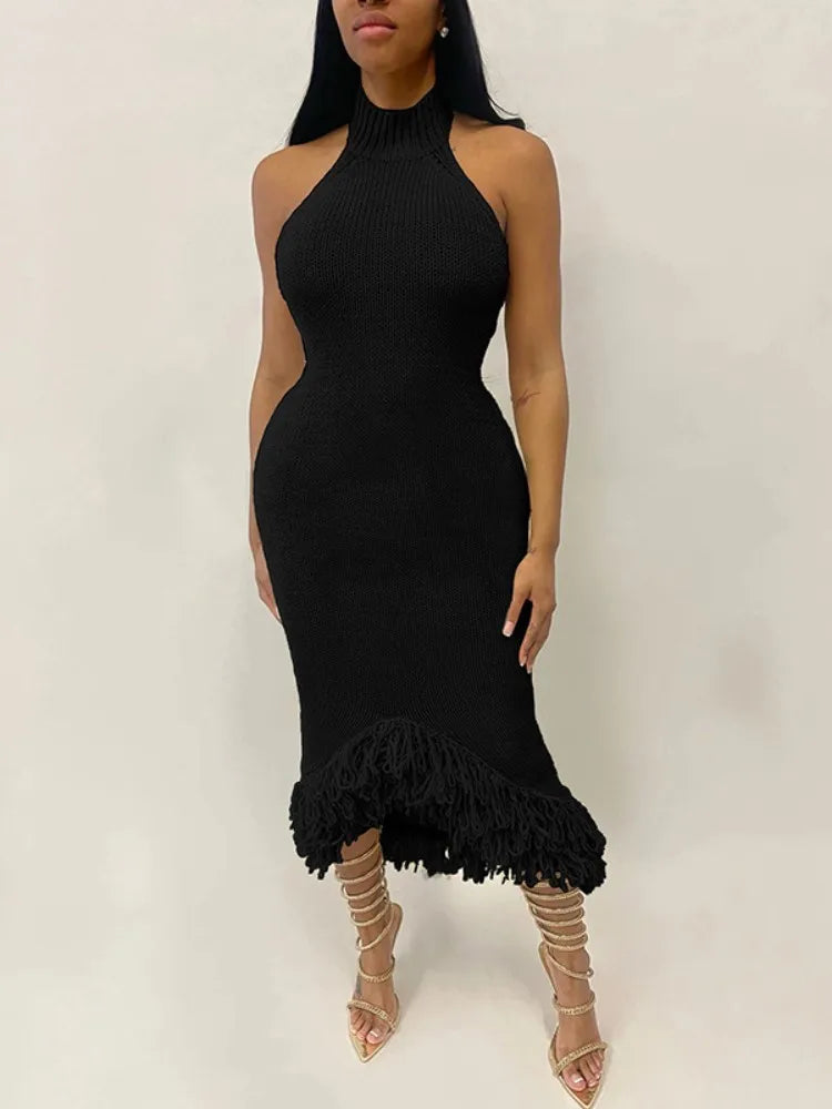 Tassel Hem Backless Knitted Party Dress