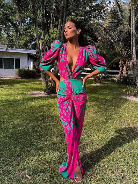 Elegant Print Cutout Puff Sleeve Bodycon Work Dress