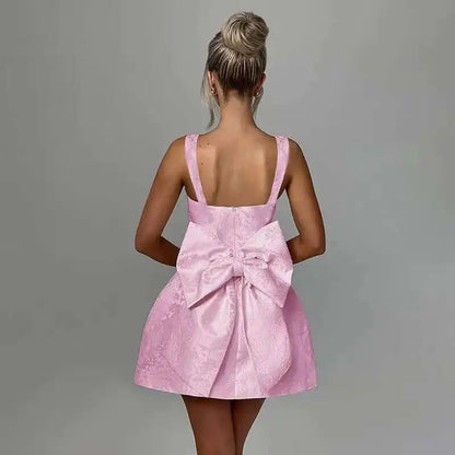 Bow Backless Jacquard A Line Mini Dress