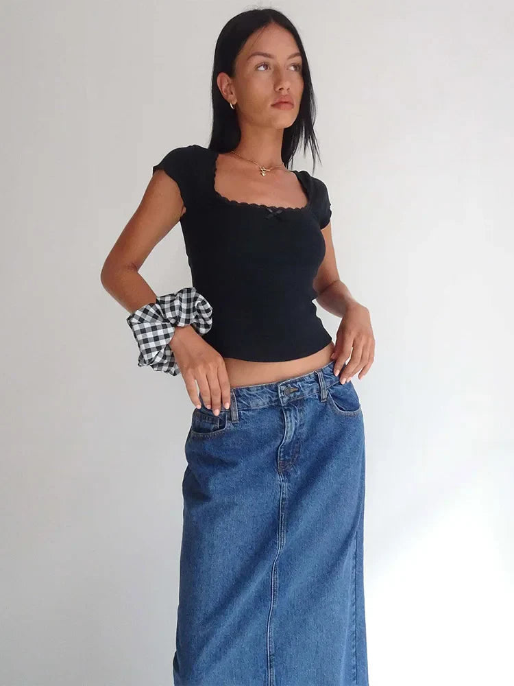 Lace Trim Knitted Cottage Baby Tee Crop Top