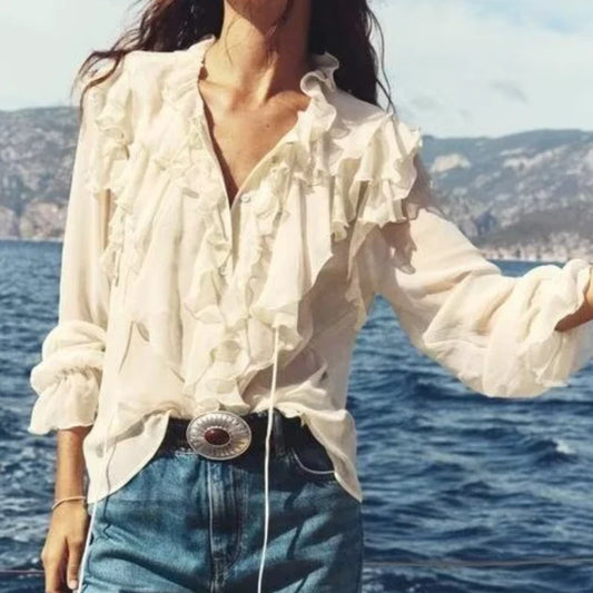 Chiffon Ruffle Bow Tie Lantern Sleeve Blouse